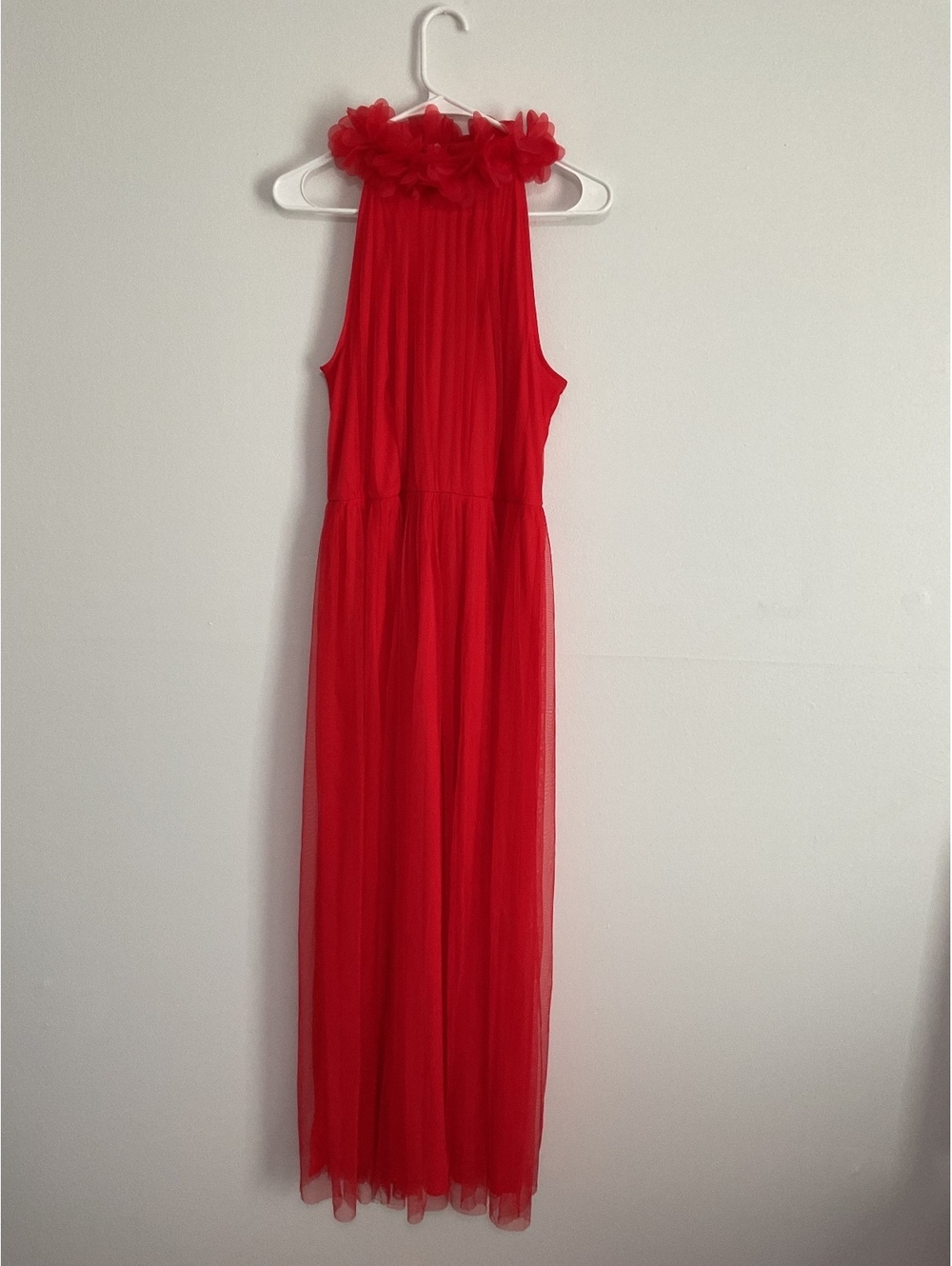 Lovely Grace Red Floral Neck Pleated Tulle Midi Dress NWT Size L - Picture 3 of 7